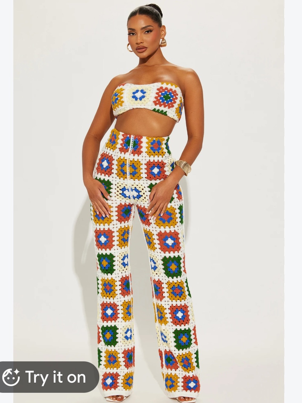 Crochet Wide-Leg Pant Set - White Multi